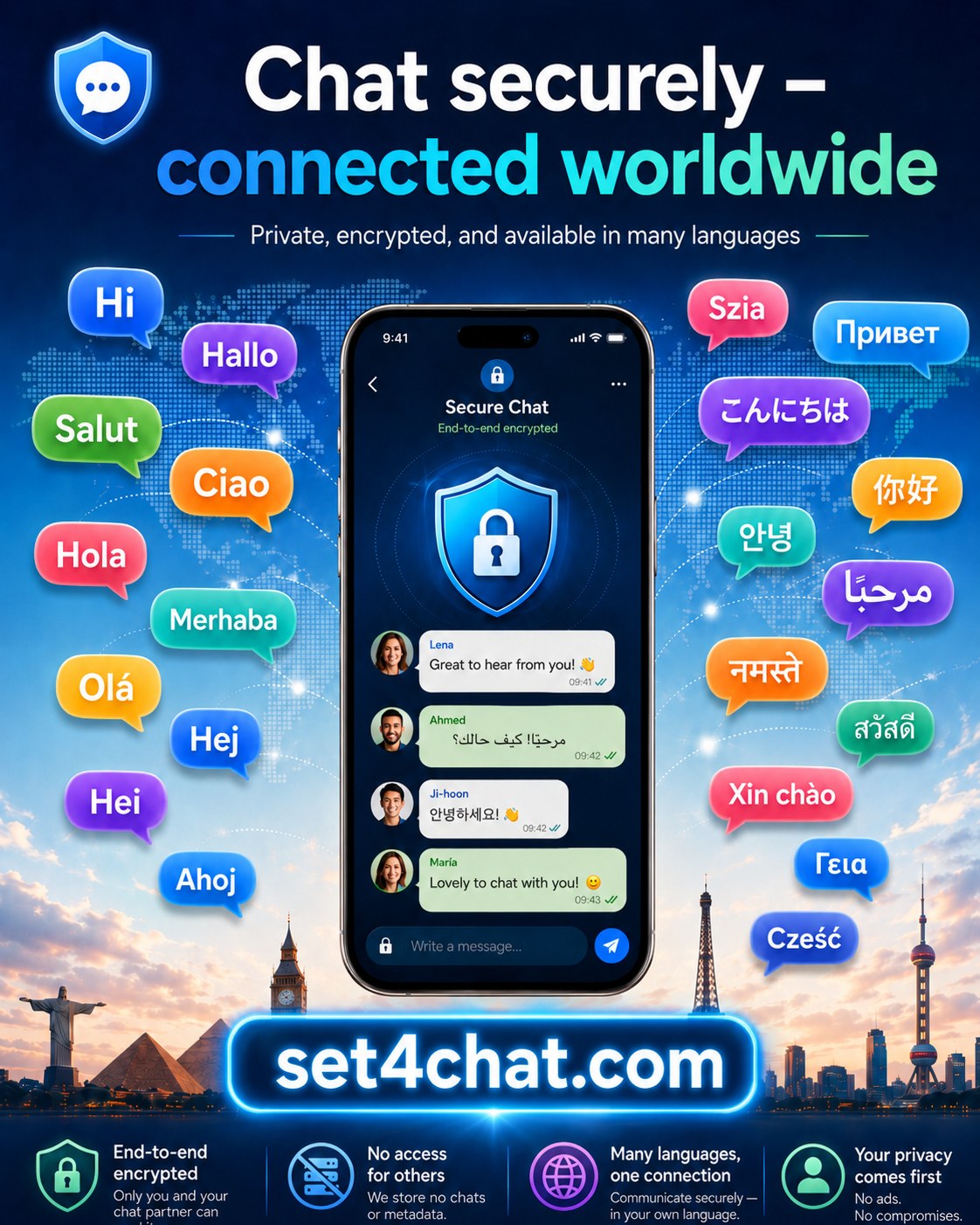 Διαφήμιση Set4Chat για ασφαλή πολύγλωσση ιδιωτική συνομιλία